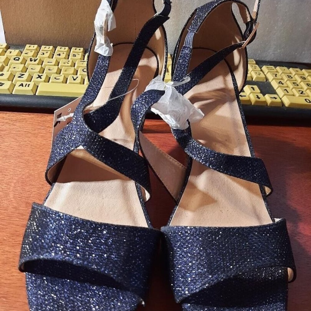 Mysoft Low Block Heel Open Toe Navy Blue Glitter Ankle Strap Pump Size 8 New